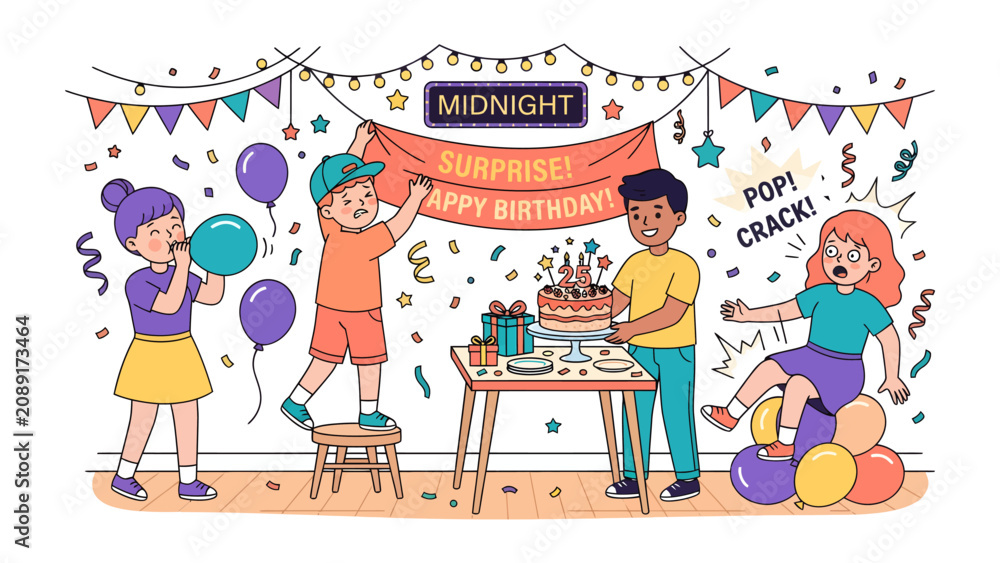 Fototapeta premium Birthday Celebration Surprise: A lively birthday party scene with children decorating, presenting a cake, and reacting to surprises, filled with balloons, confetti, and festive decorations.