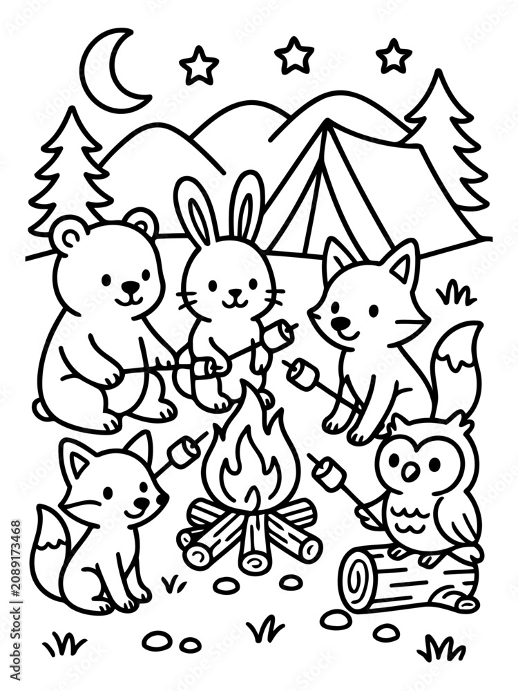 Fototapeta premium Cute Woodland Creatures Camping: A charming illustration depicts a group of adorable forest animals, including a bear, rabbit, fox, and owl, gathered around a campfire roasting marshmallows.