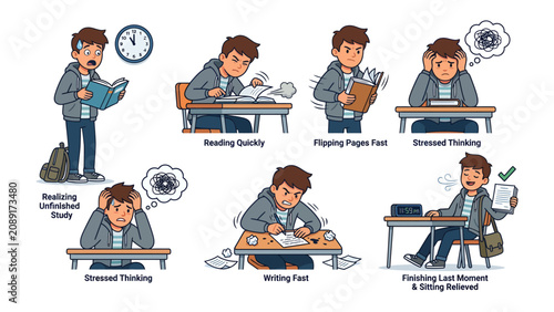 Принти на полотні Student Stress Over Exams: A montage of illustrations depicting a student's emotional rollercoaster during exam season, from frantic studying and page-flipping to stressed thinking and final relief