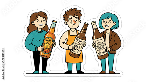 Bild auf Leinwand Beverage Selection: A man and two women stand holding bottles of beverage