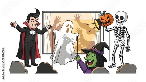 Fotografía Halloween Party Characters: A whimsical illustration depicts a group of classic Halloween characters, including a vampire, a ghost projected on a screen, a witch, and a skeleton