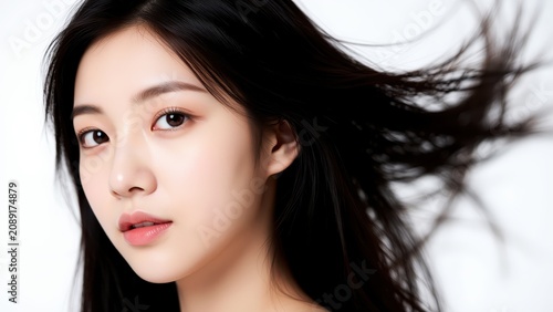 Beautiful Young Woman with Flowing Hair: A striking portrait of a young woman with long, dark, flowing hair, her gaze directed forward with a gentle expression.