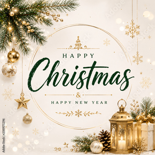 A festive Christmas and New Year greeting card with gold ornaments and decorations