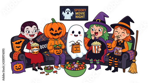 Cuadro en lienzo Spooky Movie Night Celebration: A charming illustration of children dressed as classic Halloween characters – vampire, pumpkin, ghost