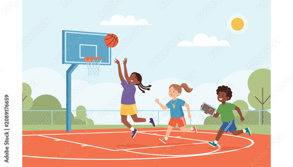 Fototapeta premium Happy diverse children playing active basketball game on outdoor court with ball, hoop, and stopwatch during sunny day.