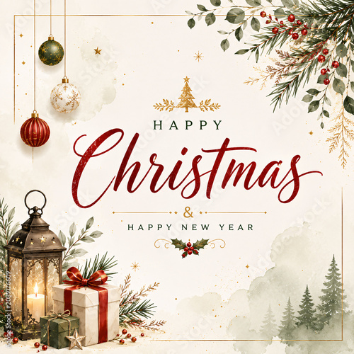 A festive Christmas and New Year greeting card with ornaments and gifts