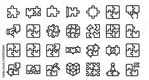 Schilderij op canvas Jigsaw puzzle piece icons collection problem solving strategy and connection con