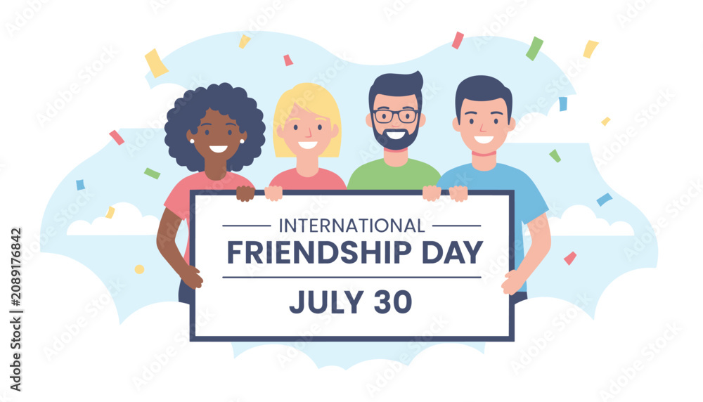 Fototapeta premium Diverse group of smiling young friends holding a large banner celebrating International Friendship Day on July 30.