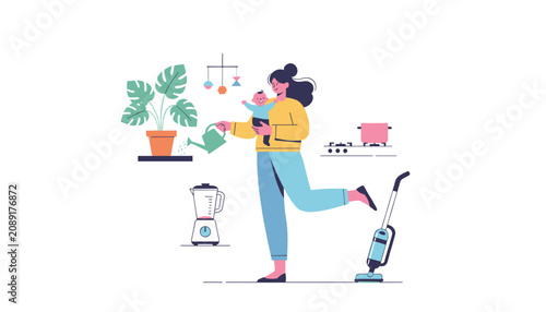 Busy multitasking mother holding a baby while balancing housework, watering houseplants, cooking, and vacuuming.