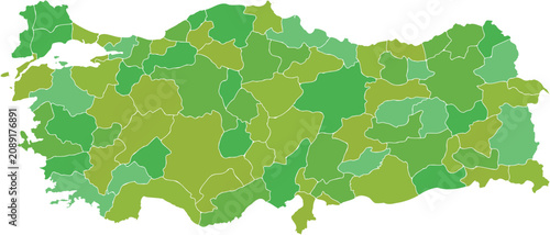 Green Turkey map with provinces vector illustration isolated on white background
