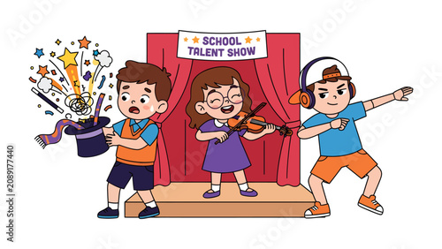 Bild auf Leinwand School Talent Show Showcase: Three young students showcase their unique talents on stage during a school talent show, one conjuring magic from a hat, another playing the violin