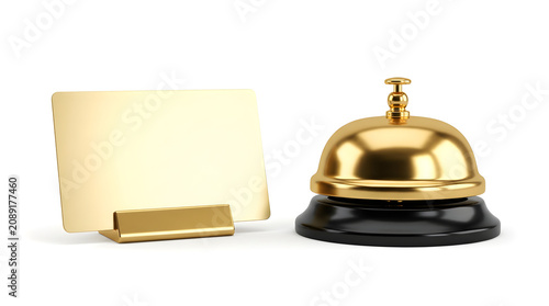 Golden hotel bell and blank card on white background