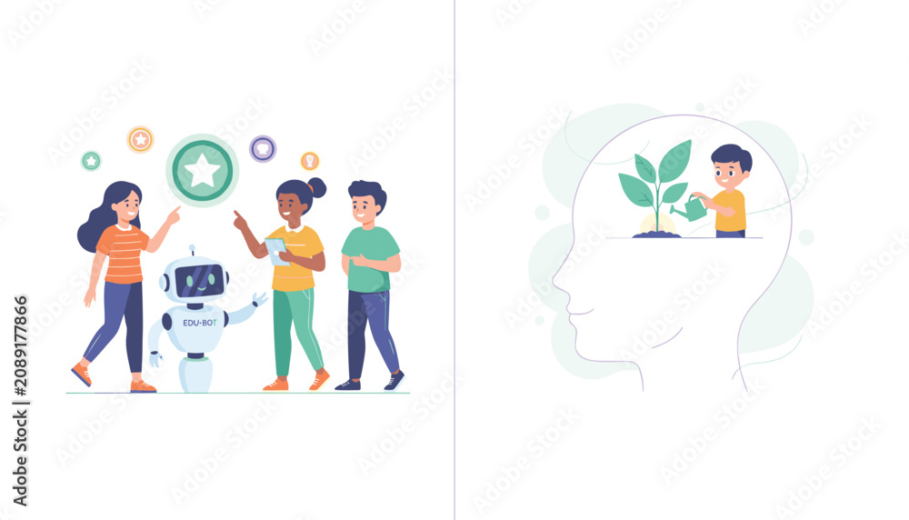 Fototapeta premium Creative learning concept representing smart robot assistant education and young child cultivating positive mindset.