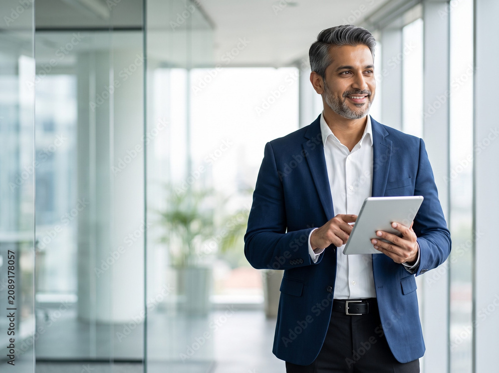 Fototapeta premium Middle aged Indian businessman in navy blazer using tablet in modern corporate office with copy space for executive leadership finance consulting and business technology