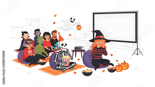 Halloween Movie Night: A group of friends in Halloween costumes gathers for a spooky movie night, complete with popcorn, candy, and pumpkins, under a whimsical ghost.
