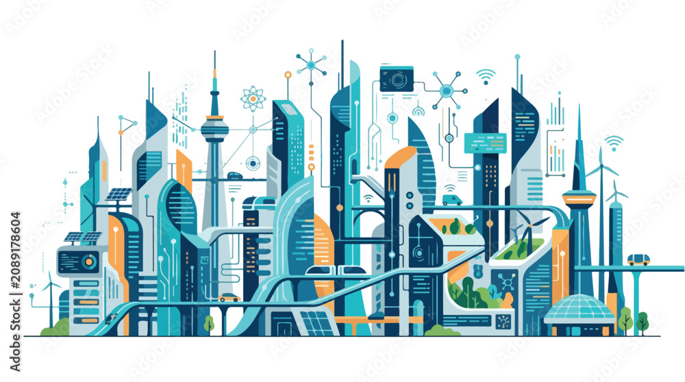 Fototapeta premium Futuristic smart city skyline with modern architectural towers and digital connectivity.