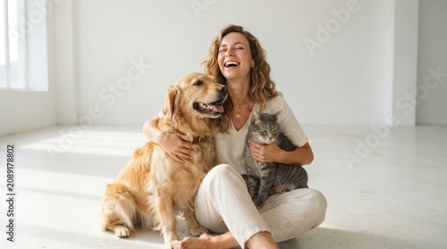 Woman sitting on floor hugging dog and cat in bright room