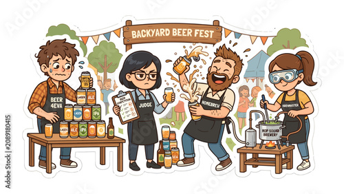 Backyard Beer Fest Chaos: A lively scene unfolds at a backyard beer festival with people brewing and tasting, featuring a man enthusiastically spraying beer and a woman looking on with concern.