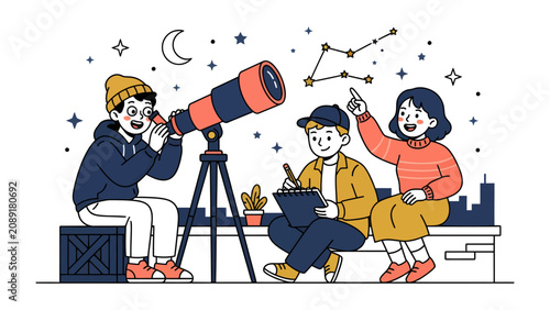Canvastavla Young Stargazers: Three curious children, engrossed in the night sky, use a telescope to explore constellations, marking their discoveries on a notepad, under the watchful gaze of the moon