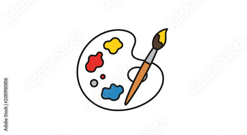 Colorful paint palette with brush and paint splatters.