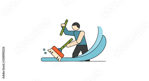 Photography Cartoon man surfing on a blue wave with tools.