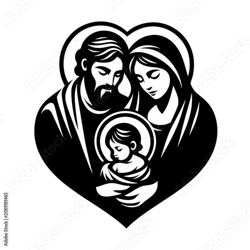 Holy Family in Heart Shape Silhouette Symbol of Christian Love, Faith, Family Unity and Nativity Spiritual Illustration