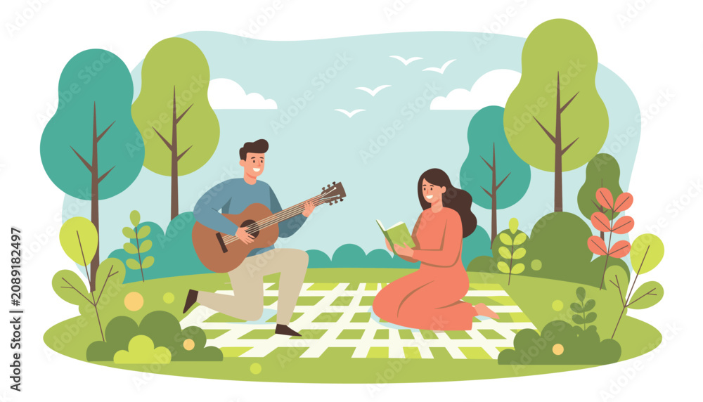 Fototapeta premium Happy couple enjoying a peaceful picnic in a green park with the man playing guitar and the woman reading a book.