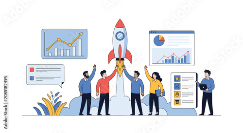 Successful business startup concept with diverse team of people launching space rocket flat vector illustration.
