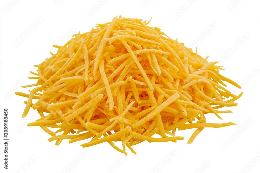 Fototapeta premium A pile of shredded cheese on a white background for culinary or food-related purposes