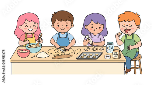 Obraz na plátně Kids Baking Cookies: Four happy children, wearing aprons, joyfully bake cookies in a kitchen, surrounded by baking ingredients and tools