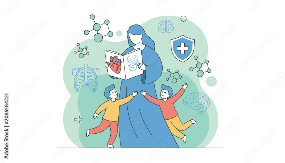 Fototapeta premium Professional female doctor holding a medical book to teach young kids about body anatomy and wellness habits.