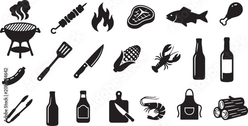 Barbecue and Grill Party Vector Icon Set, Black Silhouette