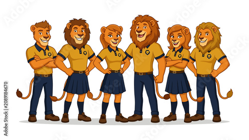 Fotografie Mascot Team Pride: A group of anthropomorphic lion characters, dressed in matching uniforms, stands together in a pose of unity and confidence, showcasing team spirit