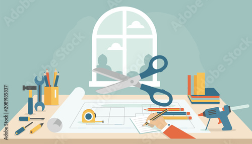 Creative craft and design workshop table with blueprints, tools, giant floating scissors, and hand writing notes.