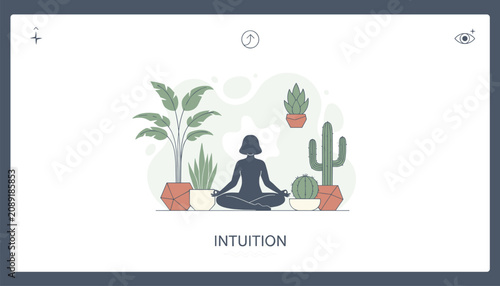 Meditation and intuition concept showing a silhouetted woman practicing yoga in lotus pose surrounded by houseplants.