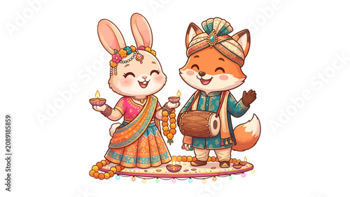 Canvas Print Diwali Celebration: A cute rabbit and fox adorned in traditional Indian attire celebrate Diwali, holding diyas and a dholak drum, symbolizing the festival of lights and joy