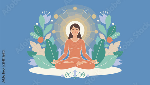 Beautiful woman practicing yoga in lotus pose with a glowing sun halo and colorful flowers in a serene setting.