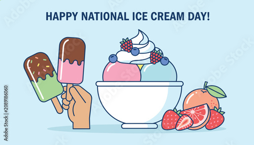Happy National Ice Cream Day celebration banner featuring delicious popsicles, fruit ice cream bowl, and fresh berries.