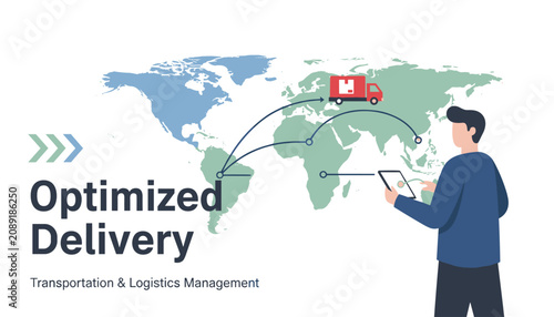 Optimized delivery illustration with logistics manager tracking cargo ship and delivery truck routes on world map.