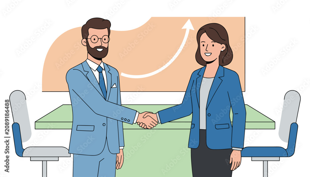 Fototapeta premium Business partners in professional suits shaking hands in a modern meeting room with an upward arrow chart background.