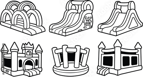 фотографія Inflatable bouncy castle obstacle course slides black and white line art vector