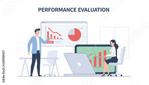 Performance evaluation meeting in the office with business professionals analyzing financial growth and loss charts.
