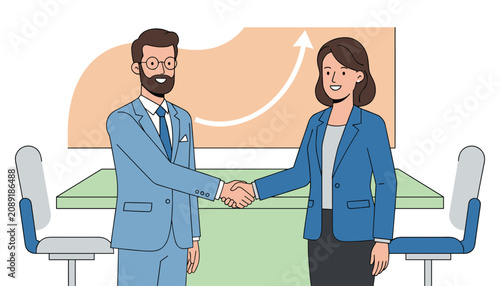 Business partners in professional suits shaking hands in a modern meeting room with an upward arrow chart background.
