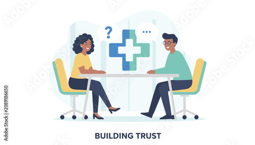 Building trust in healthcare with a smiling patient consulting a medical doctor in an office with a cross icon.