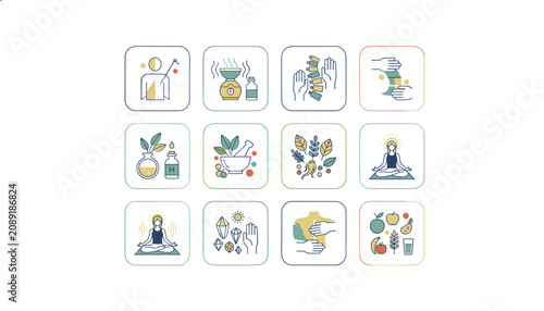 Twelve colorful linear vector icons depicting alternative medicine, aromatherapy, chiropractic care, and meditation.