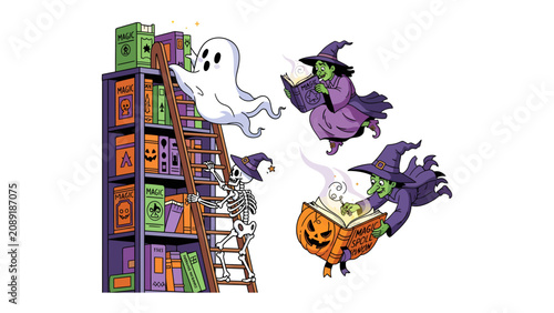 Bild auf Leinwand Halloween Library Adventure: A playful scene unfolds in a magical library with a friendly ghost, a skeleton climbing a ladder, and two witches engrossed in spellbooks