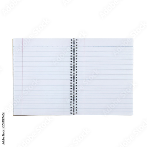 An open spiral notebook with lined white pages and a metal wire binding, displayed flat on a plain white background, for writing notes