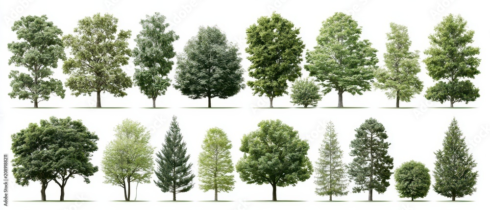 Fototapeta premium Collection of different deciduous and coniferous trees isolated on white background