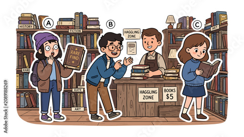 Photos Bookstore Scene: A charming illustration depicting a lively bookstore, where customers browse shelves filled with books and interact with a friendly bookseller at the counter
