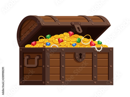 An open wooden treasure chest filled with gold coins and colorful gemstones.